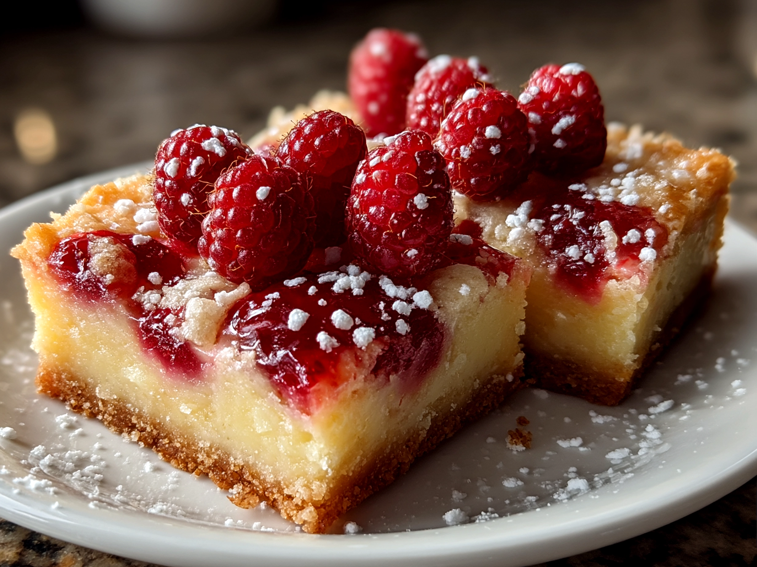 Slight angle close-up of finished comforting lemon and sweet raspberry bars