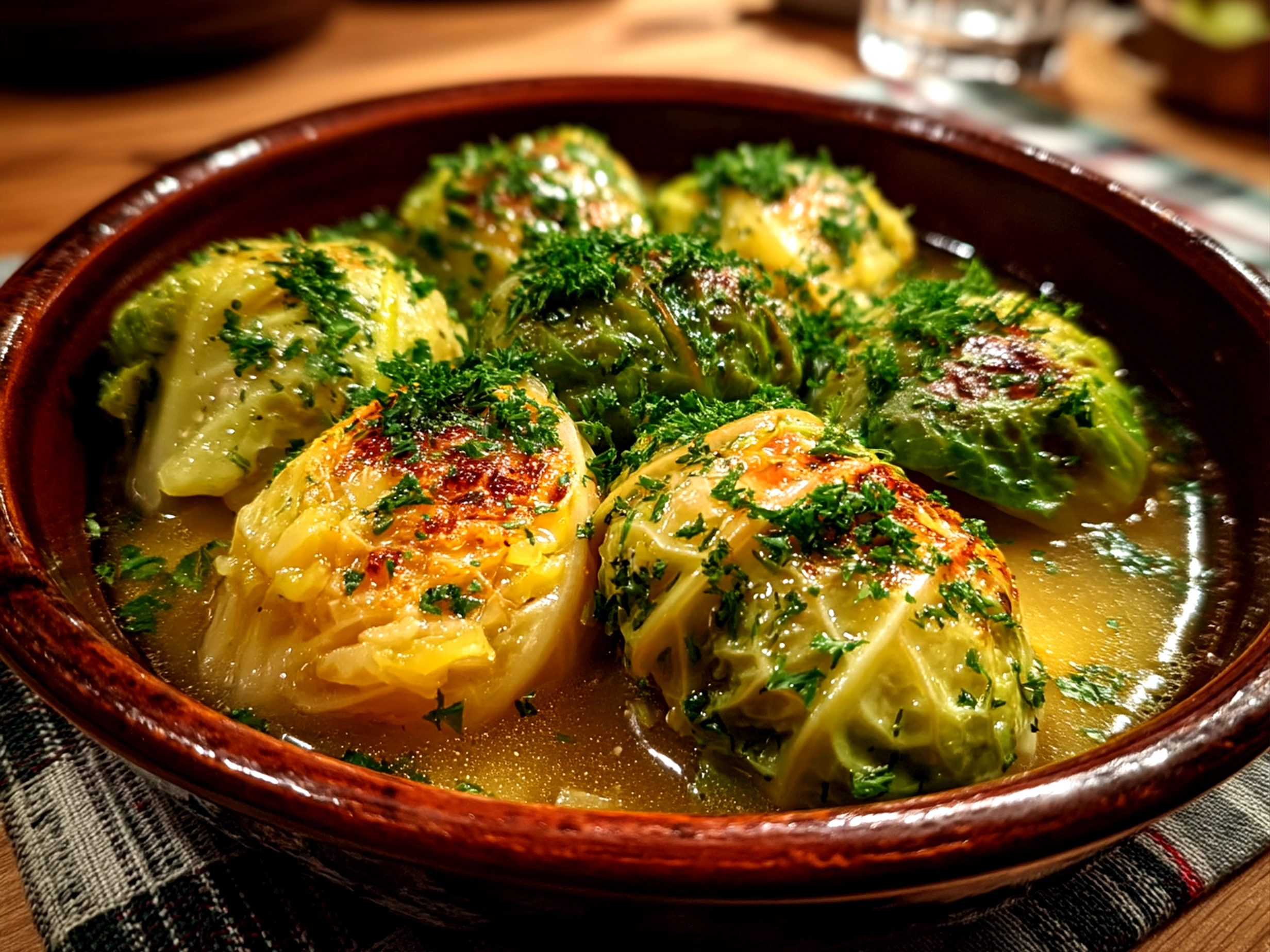 Slight angle close-up of finished comforting Rosenkohl in Frischkse-Senfsauce