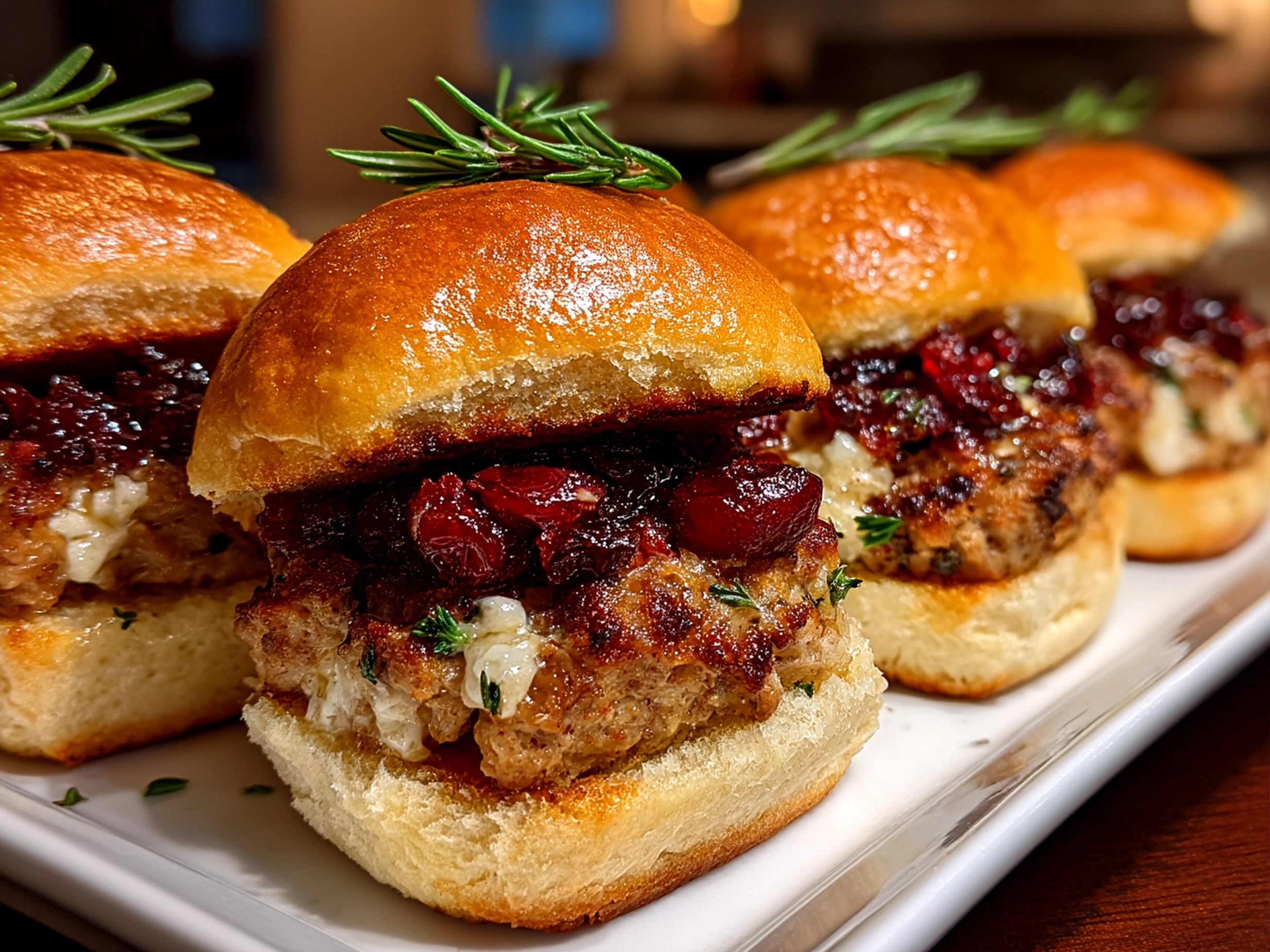 Slight angle close up of finished Cranberry Turkey Sliders assembled with melted cheese and fresh greens
