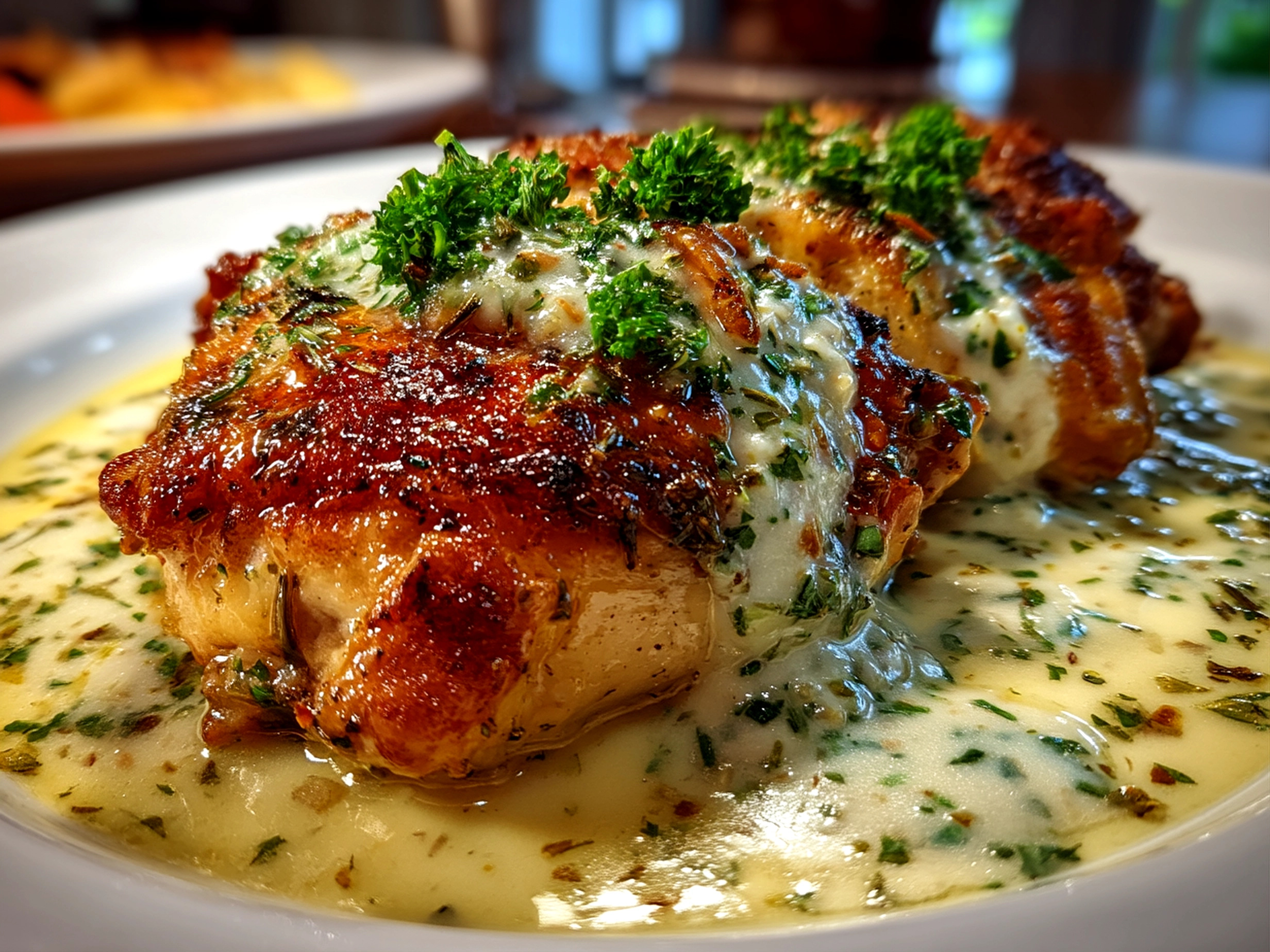 Close-up of finished Herb Roasted Chicken in creamy white sauce garnished with fresh parsley