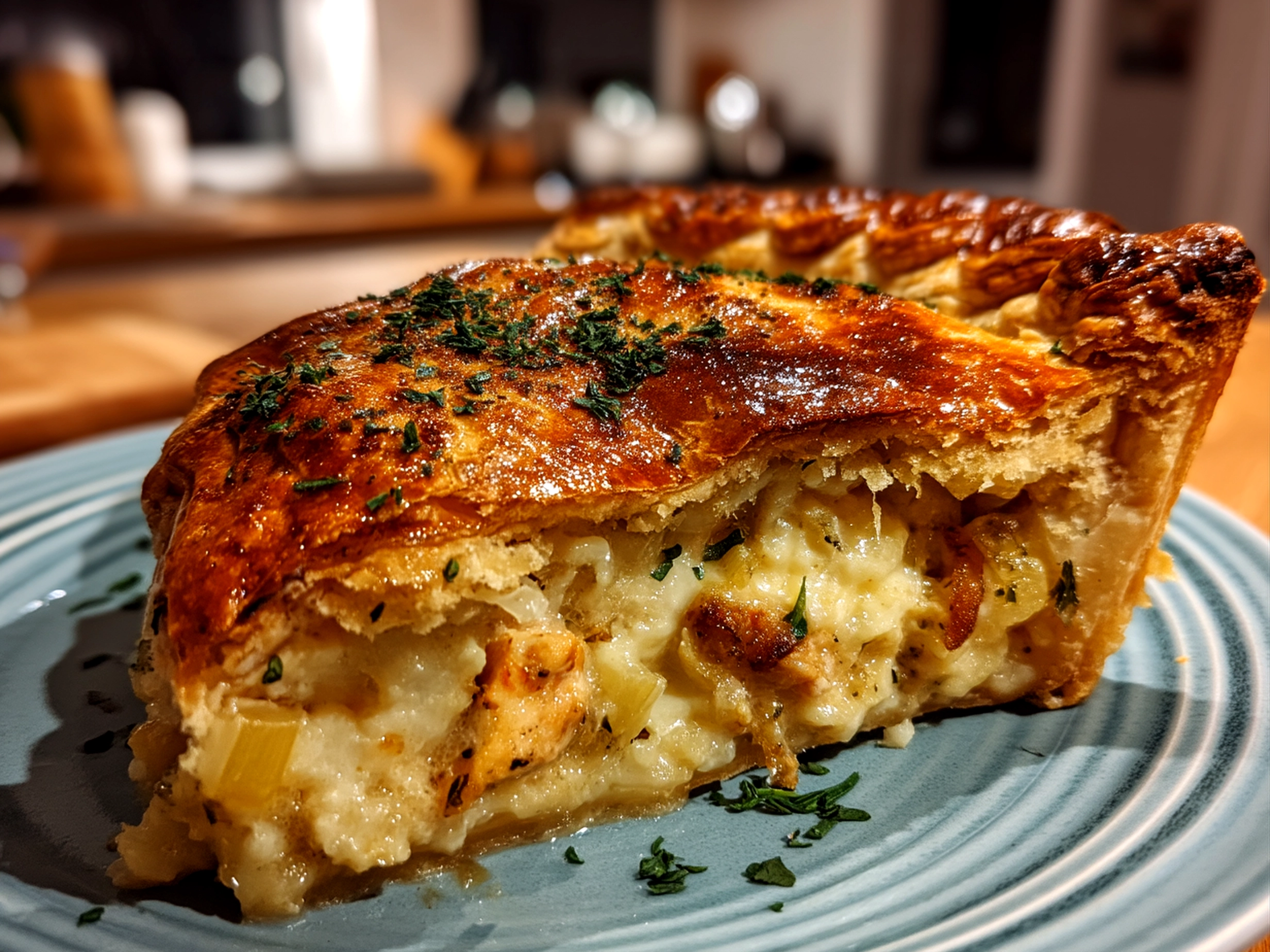 Close-up of finished homemade Chicken And Leek Pie with golden puff pastry crust