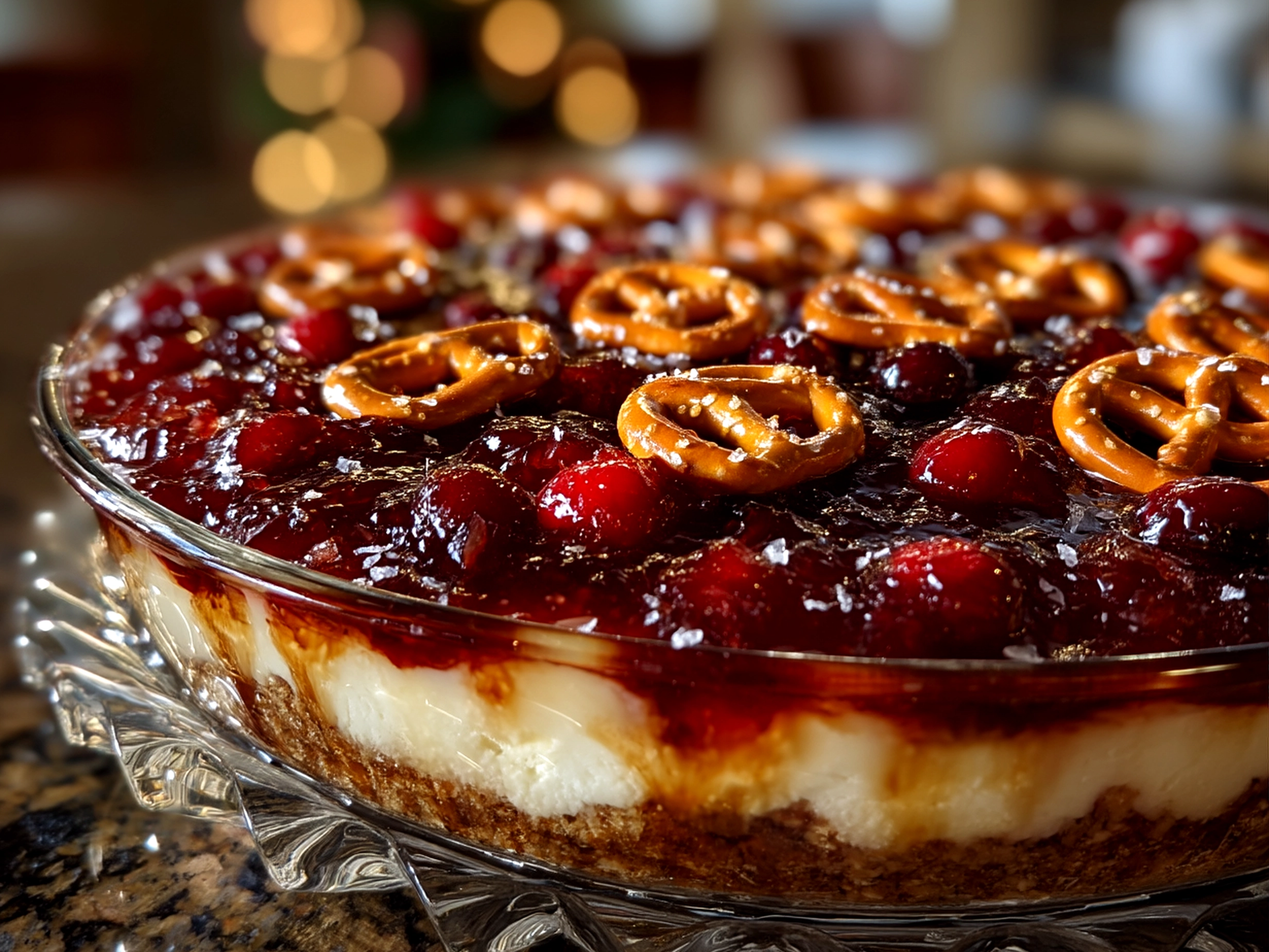 Close up of served Cranberry Jello Pretzel Salad showing layers and creamy topping