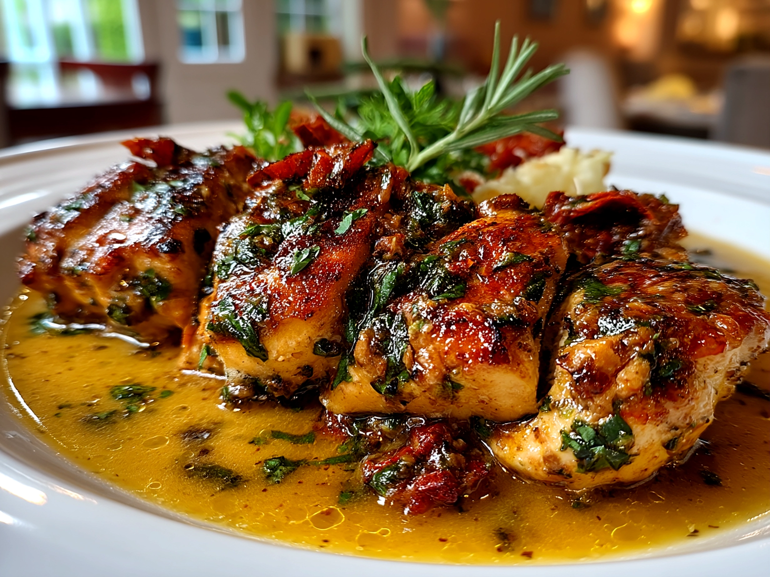 Close-up of finished Marry Me Tuscan Chicken with creamy sauce and sun-dried tomatoes