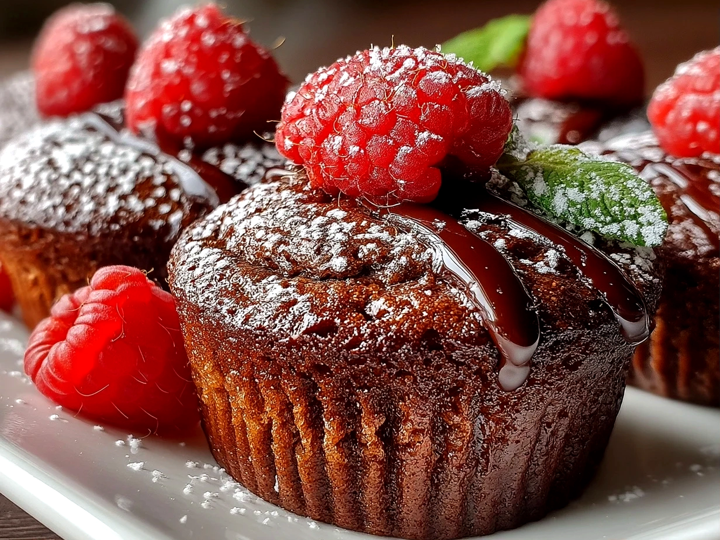 Close-up of finished Raspberry Chocolate Lava Cupcakes garnished with fresh raspberries