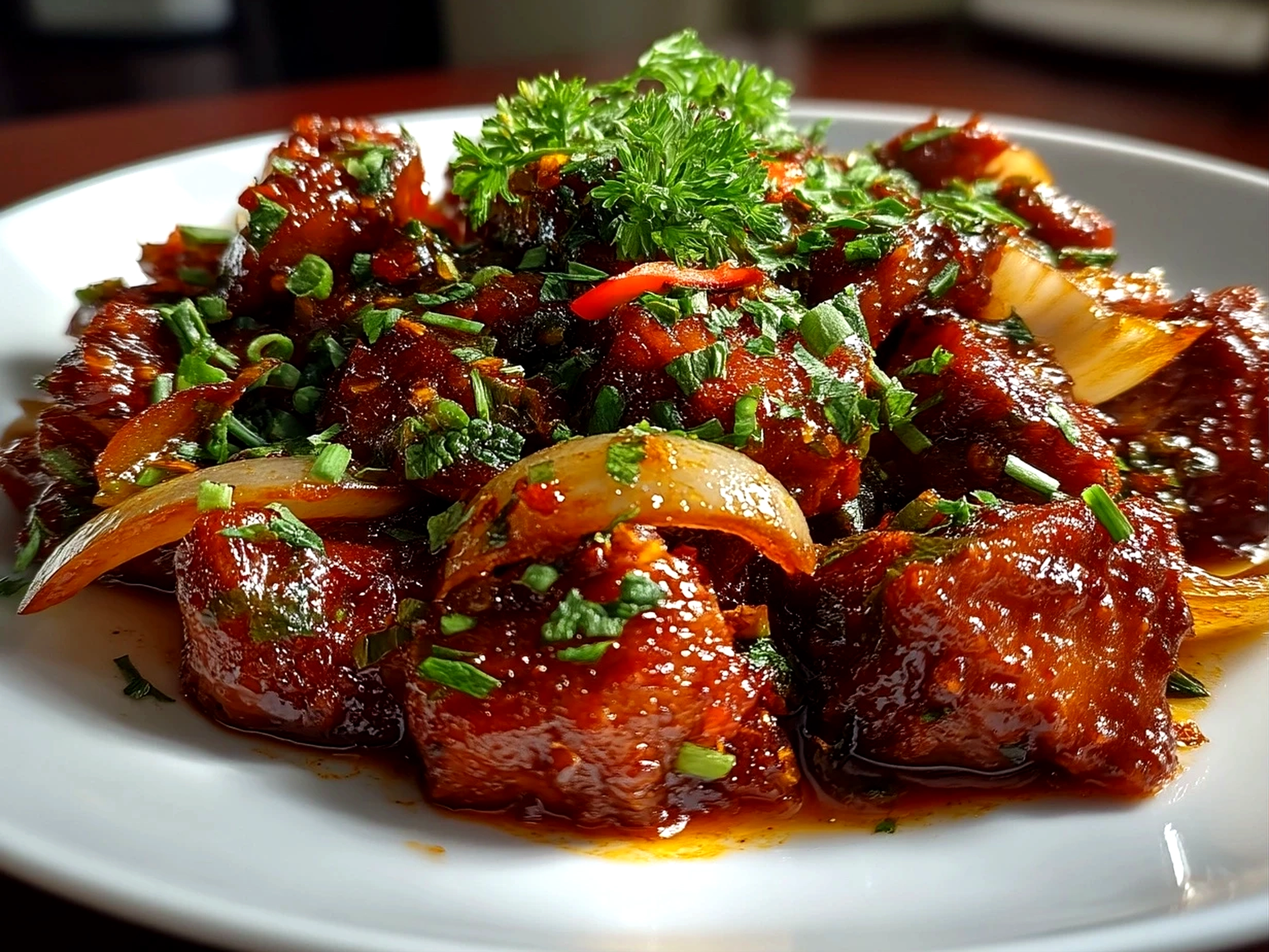 Slight angle close up of finished Spicy Portuguese Chilli Chicken served with fresh herbs