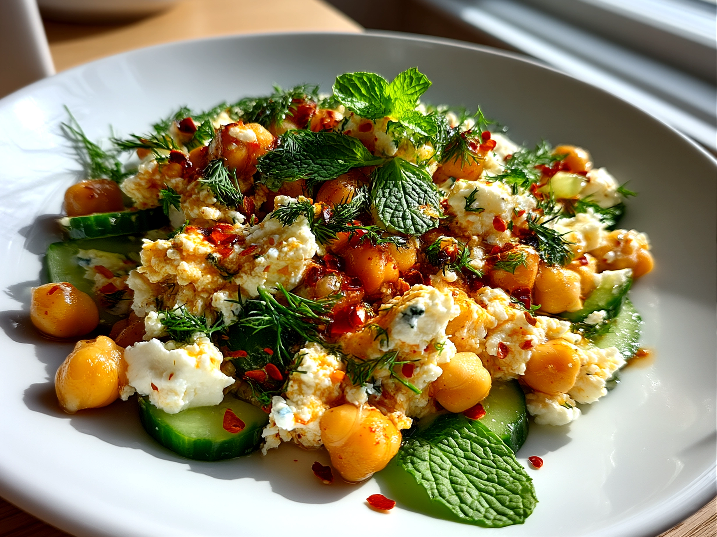 Slight angle close up of finished Cottage Cheese and Chickpea Salad