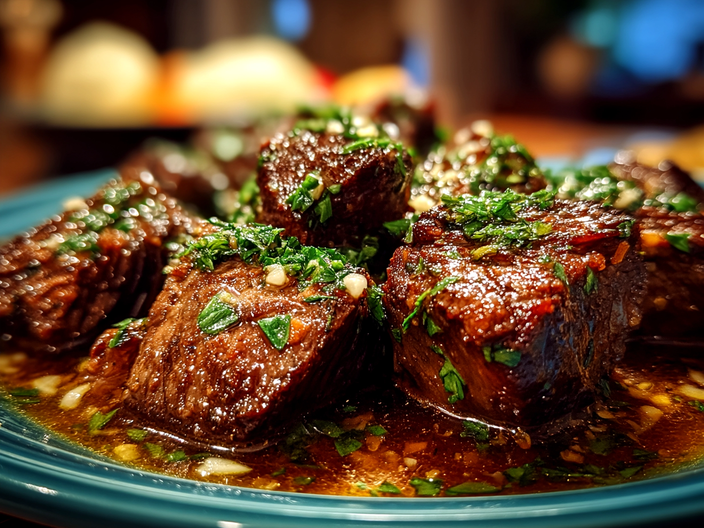 Served Slow Cooker Garlic Butter Beef with mashed potatoes and fresh parsley garnish