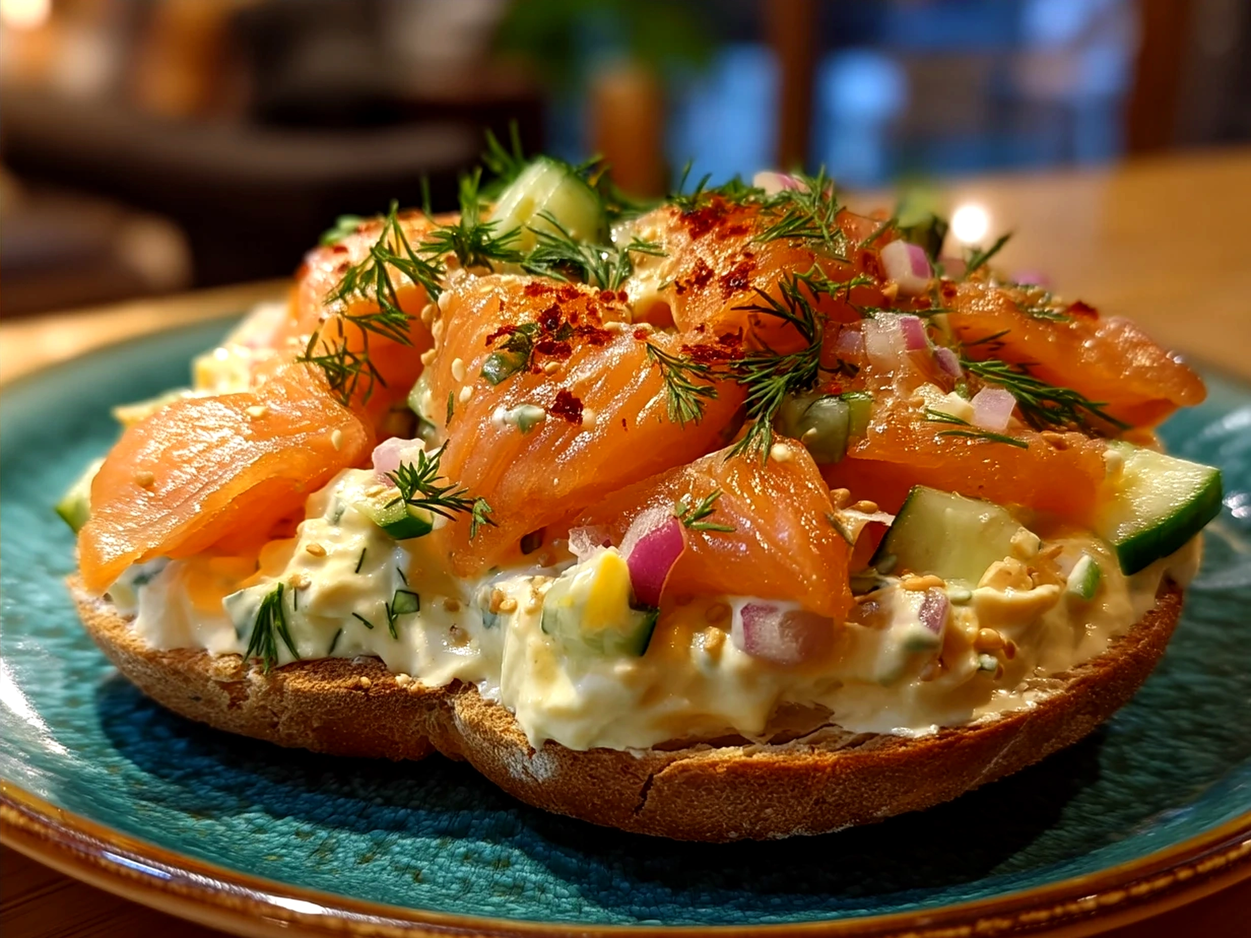 Smoked Salmon Bagel Dip served with bagel chips and cucumber slices