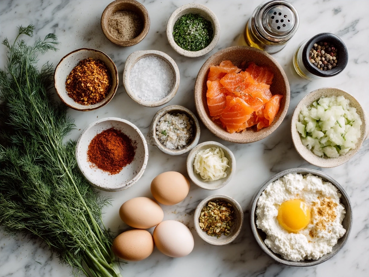 Ingredients for Smoked Salmon Bagel Dip including cream cheese, smoked salmon, dill, lemon and capers