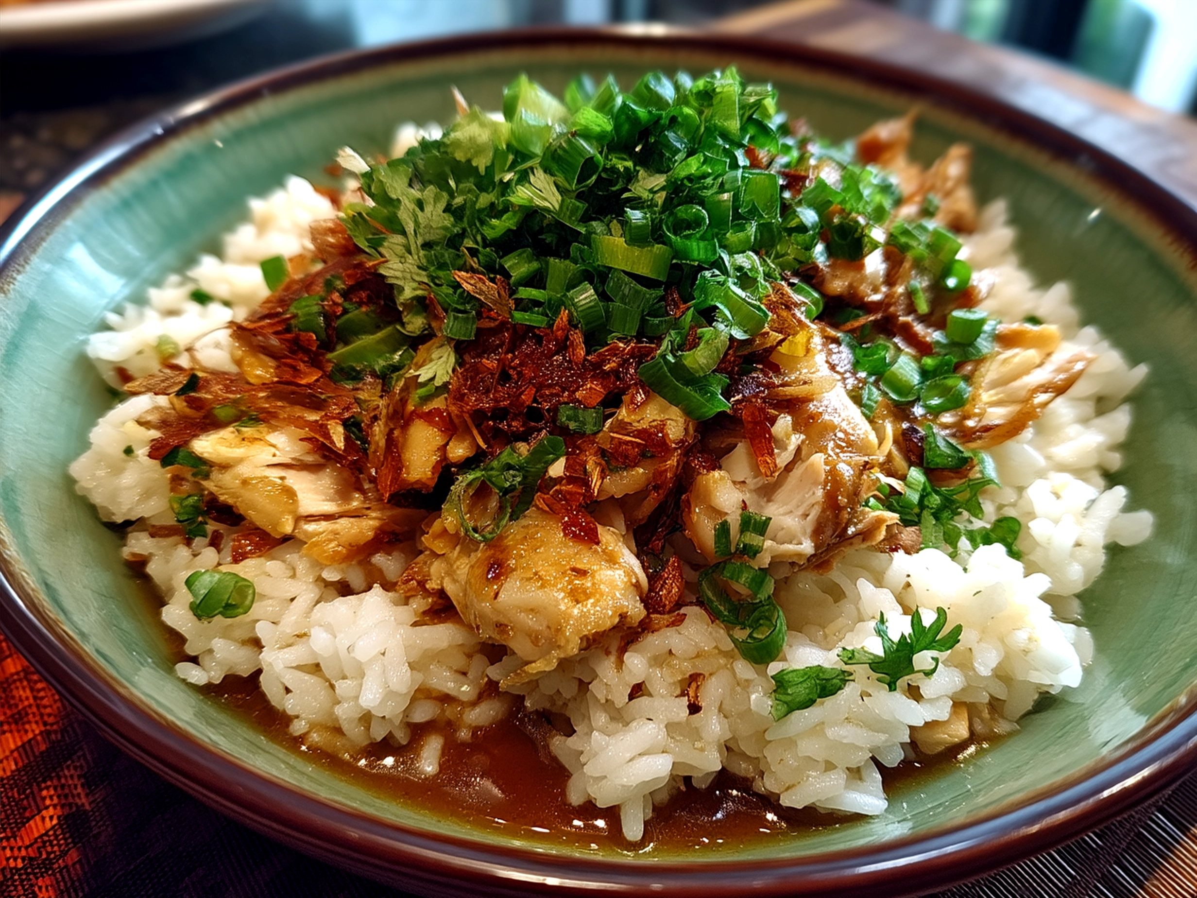 A serving of creamy southern style smothered chicken rice garnished with fresh parsley