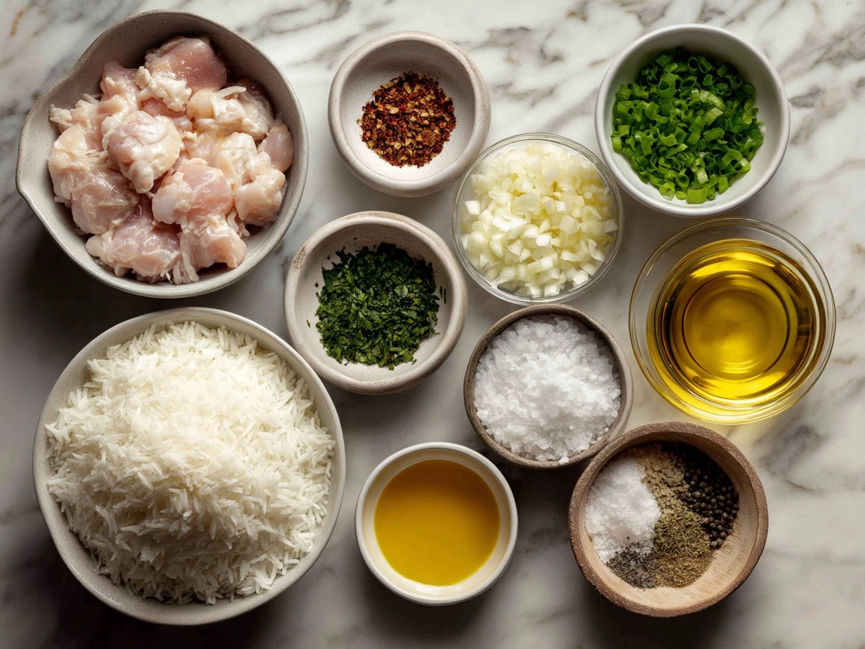 Ingredients for Smothered Chicken Rice including chicken thighs, rice, broth, onion, garlic, mushrooms, and herbs