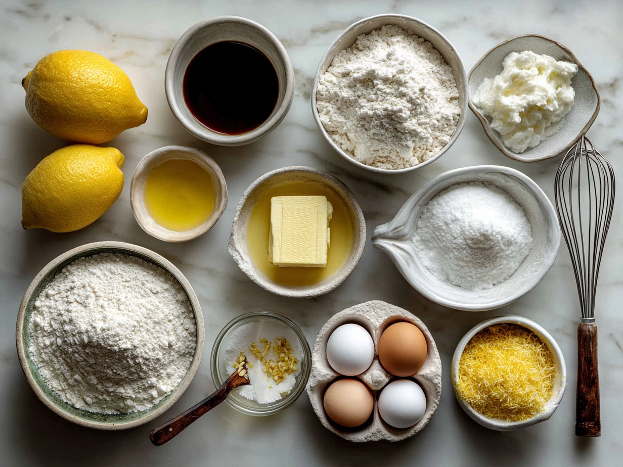 Ingredients for Sourdough Discard Lemon Loaf laid out on a kitchen counter
