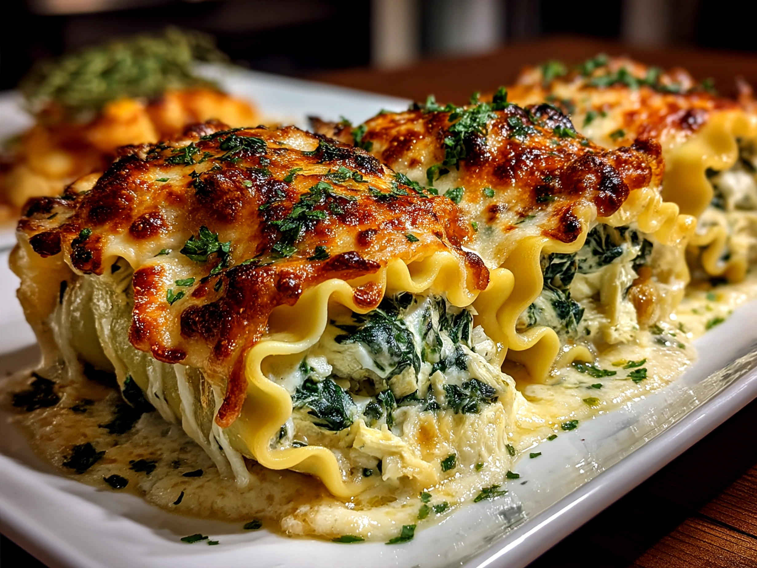 Served Spinach Artichoke Lasagna Rolls plated with marinara sauce and fresh basil garnish