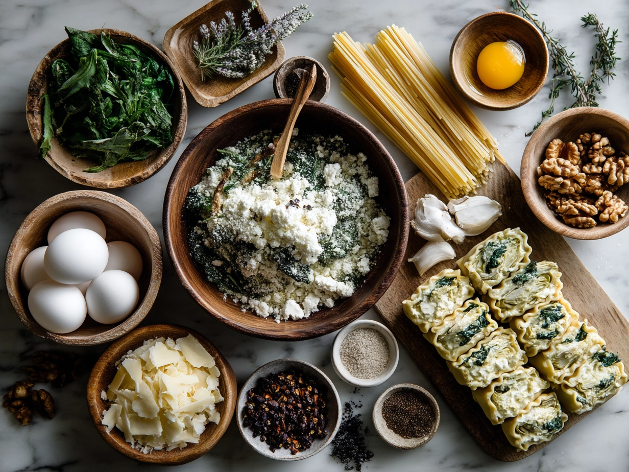 Ingredients for Spinach Artichoke Lasagna Rolls including noodles, cheeses, spinach, artichokes, and marinara sauce