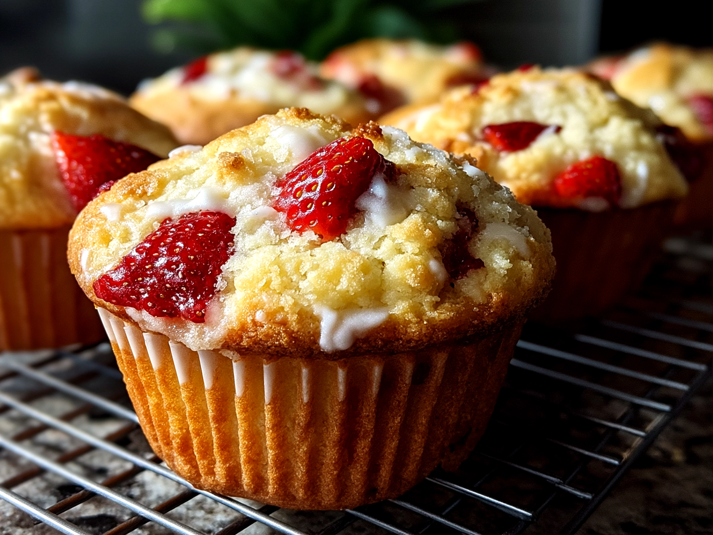 Plate of freshly baked Strawberry Shortcake Muffins served with yogurt and fresh strawberries