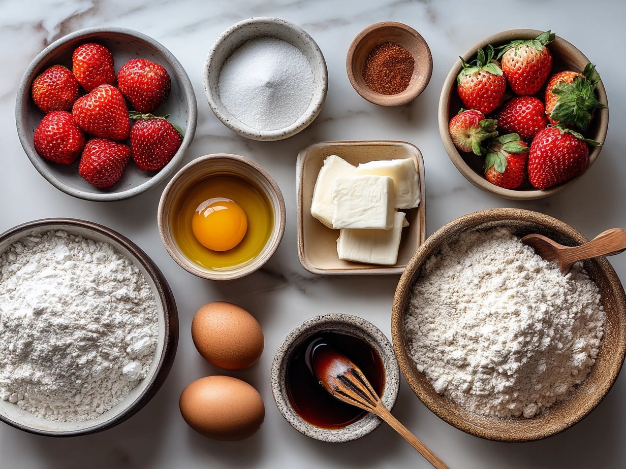 Ingredients for Strawberry Shortcake Muffins including whole wheat flour, almond flour, Greek yogurt, maple syrup, strawberries, and other items