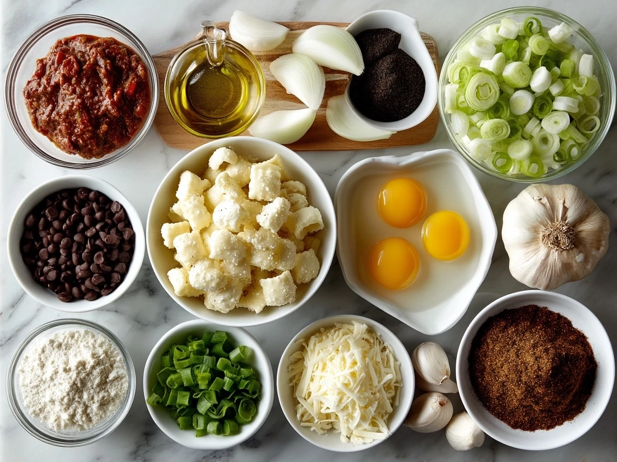 Top-down view of fresh ingredients for Crockpot Pierogi Casserole, including pierogies, sausage, onion, cheese, sour cream, and herbs