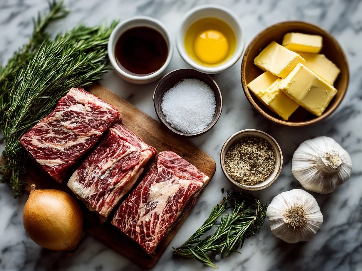 Raw ingredients for Apple Cider Braised Short Ribs with Rosemary Mashed Sweet Potatoes laid out on a table