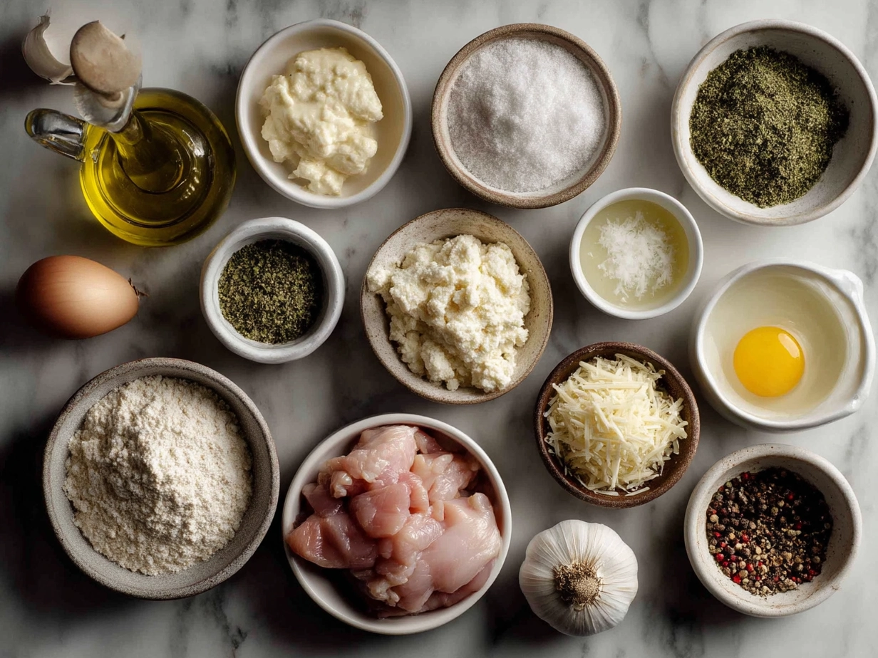 Raw ingredients for baked Caesar chicken with creamy parmesan sauce arranged on a wooden surface