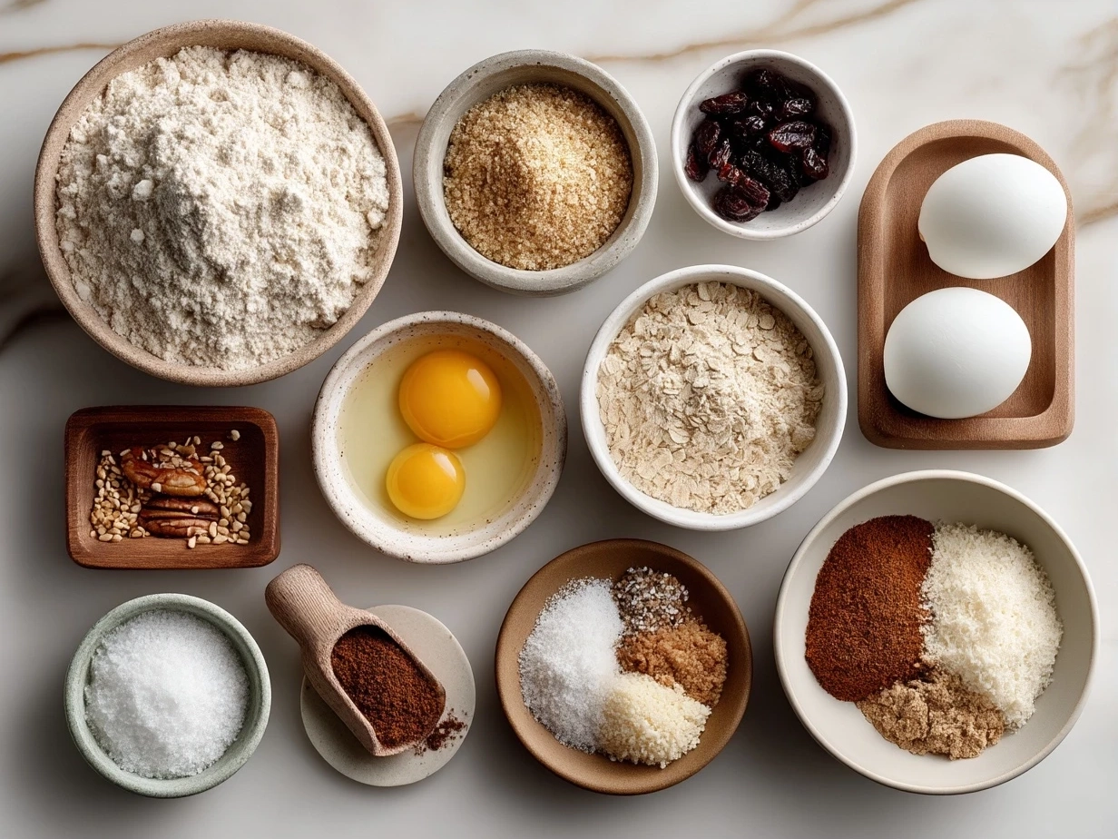 Top-down view of raw ingredients for Breakfast Protein Biscuits on marble surface
