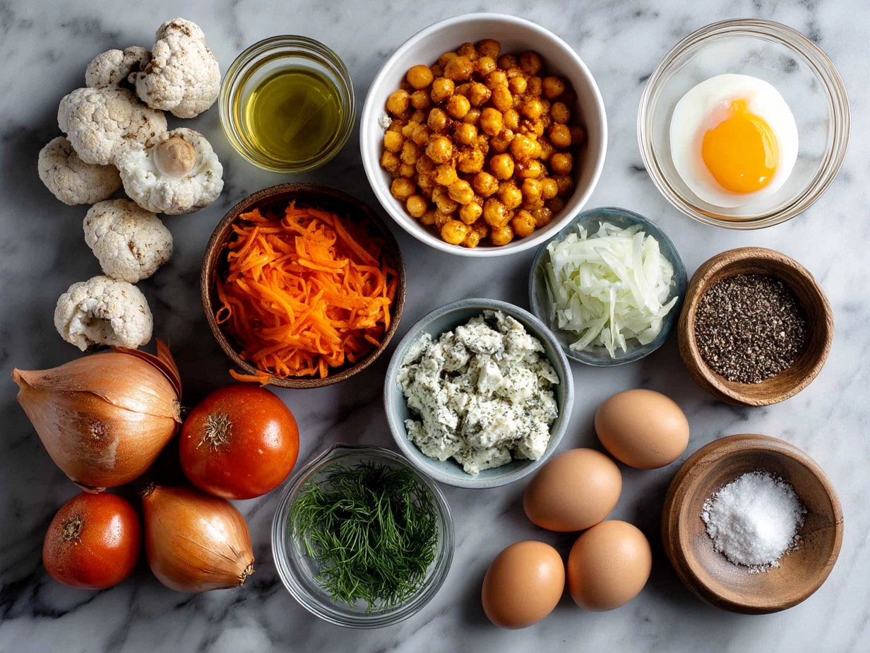 Top down view of raw ingredients for buffalo chickpea wraps on a marble surface, showing modern organized kitchen mise en place