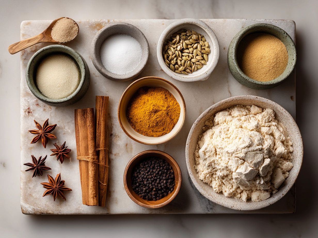 Ingredients for Chai Spiced Pancakes arranged on marble surface