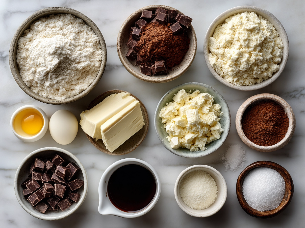 Raw ingredients for cheesecake slab on marble kitchen counter