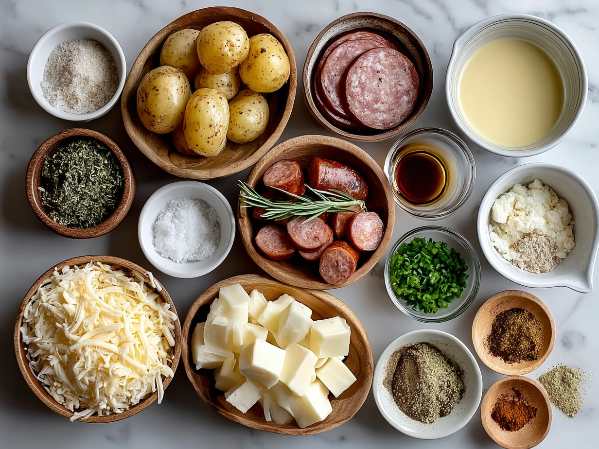 Ingredients laid out for Cheesy Ranch Potatoes and Smoked Sausage on marble surface
