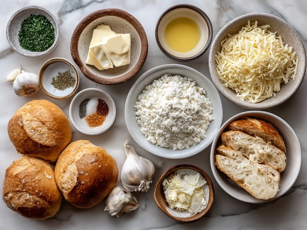 Raw ingredients for Chicken Alfredo Garlic Bread Bowls laid out on a marble surface