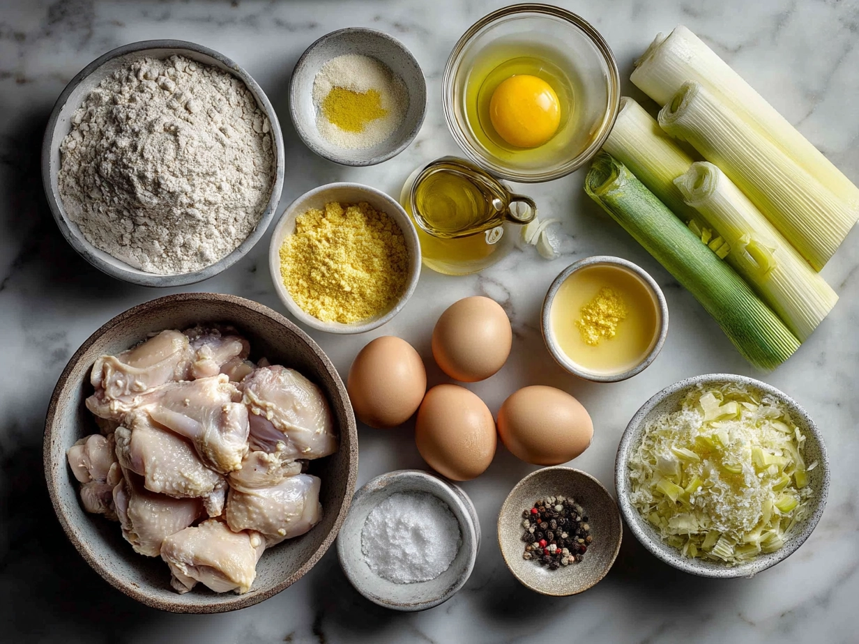 Raw ingredients for Chicken And Leek Pie arranged on a marble countertop including leeks, chicken, flour, and puff pastry