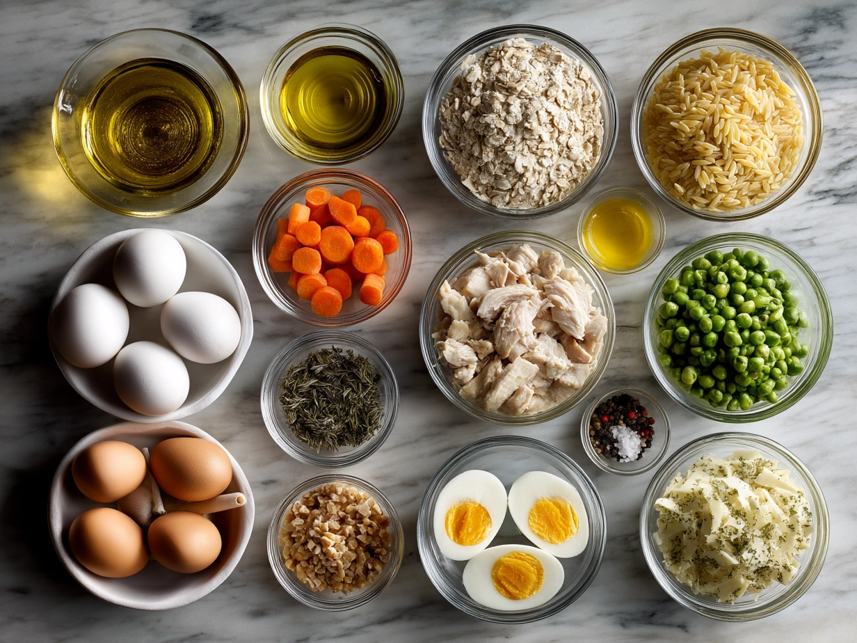 Raw ingredients for Chicken Pot Pie Orzo arranged on a marble countertop, showcasing fresh vegetables and pasta.