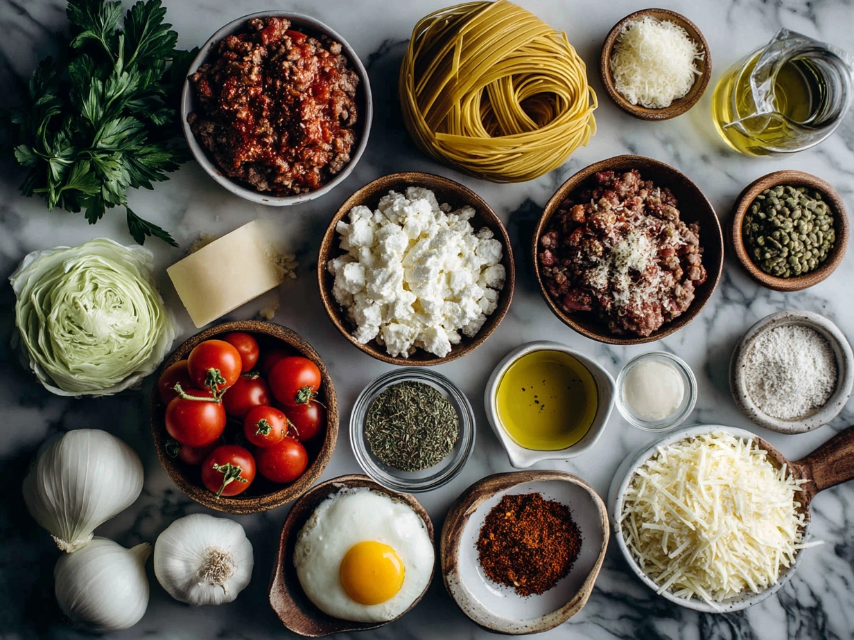 Top down view of raw ingredients for Classic Lasagna on marble surface