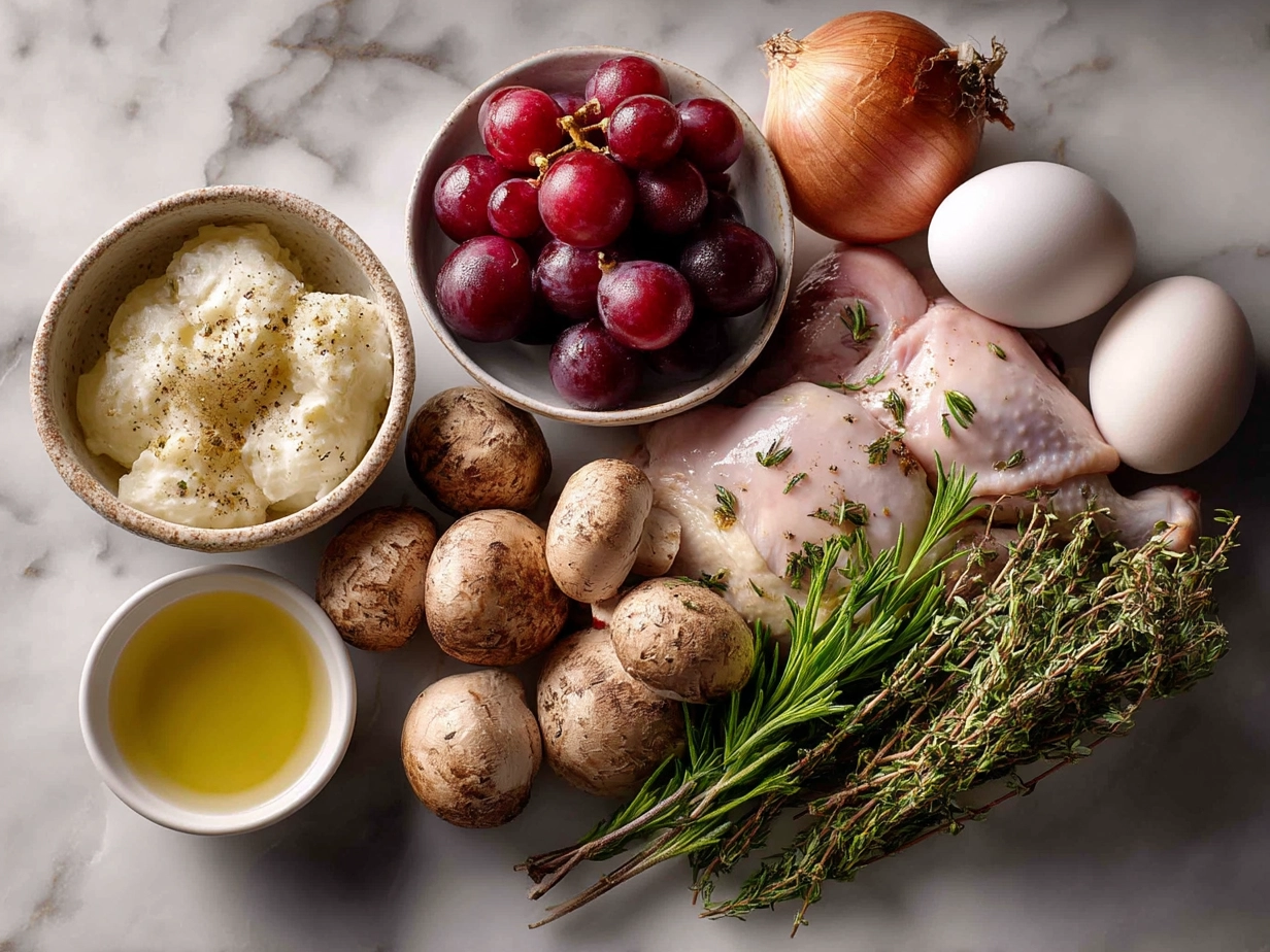 Top down raw ingredients for Coq au Vin Classic Chicken on white marble