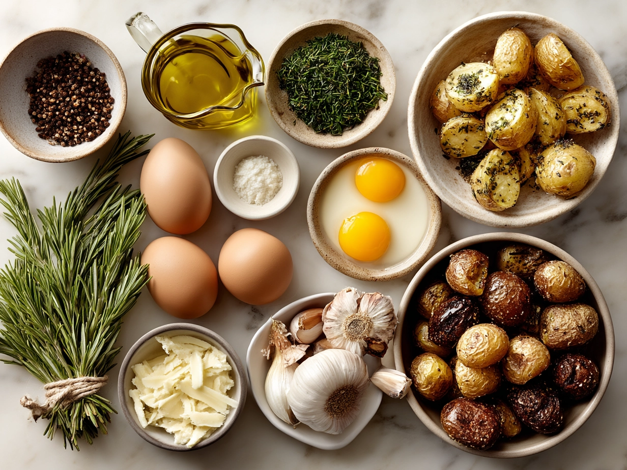 Top down view of raw ingredients for crispy herb-infused roasted potatoes including potatoes, olive oil, and fresh herbs
