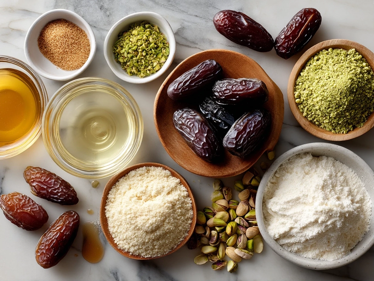 Ingredients for Dates Cream Cheese Pistachio Honey recipe laid out on marble surface