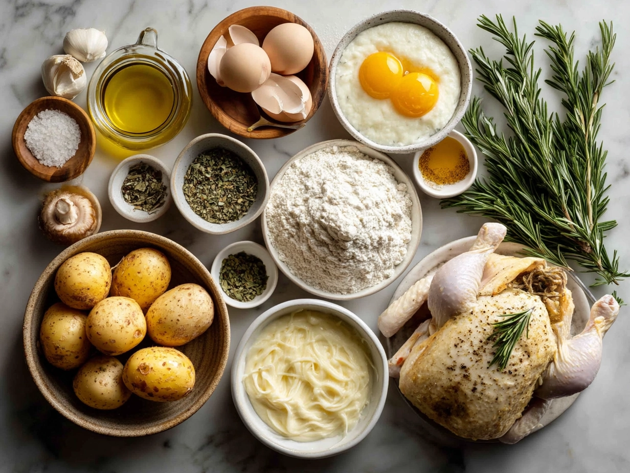 Raw ingredients for Herb Roasted Chicken including garlic, fresh herbs, olive oil, and chicken thighs laid out on a surface