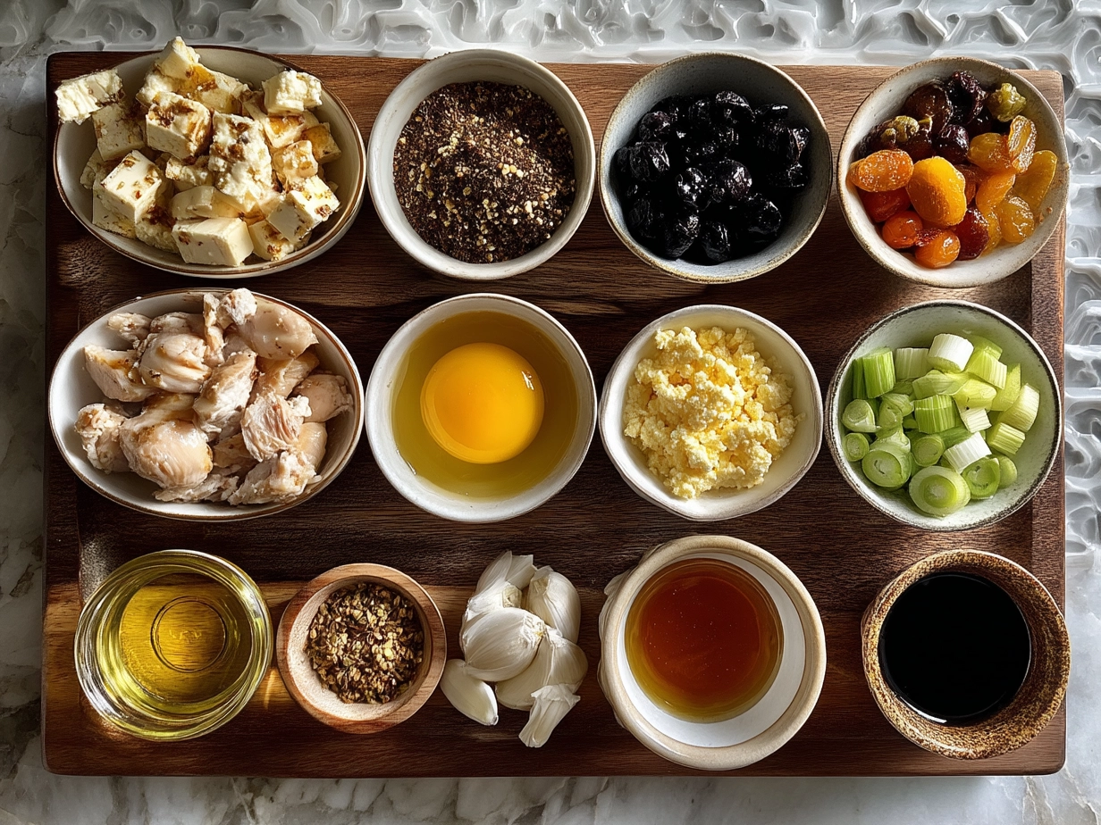 Top down raw ingredients for Hot Honey Infused Feta Chicken on white marble surface