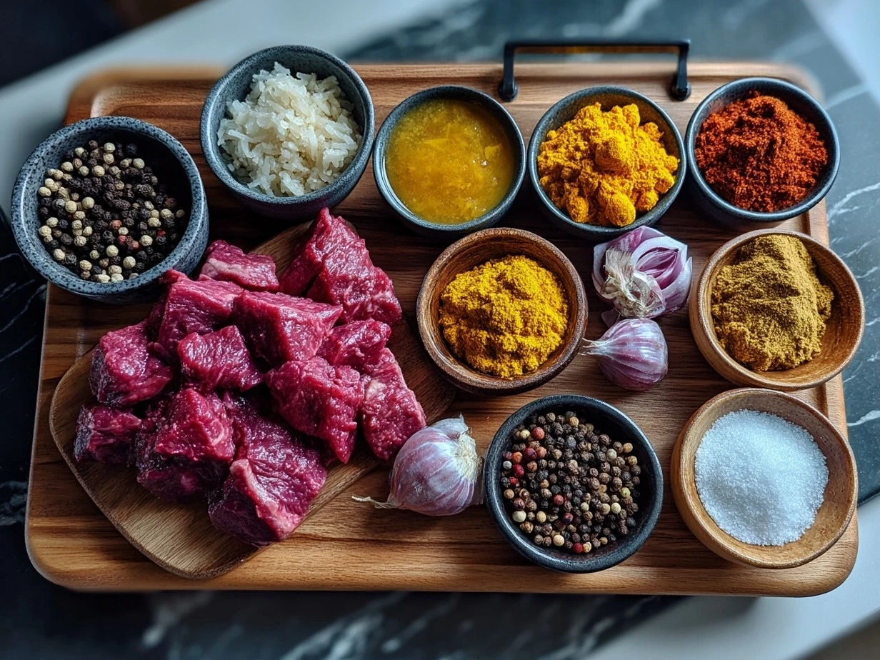 Raw ingredients for Indian beef curry in slow cooker, including beef cubes, spices, onion, garlic, and tomatoes