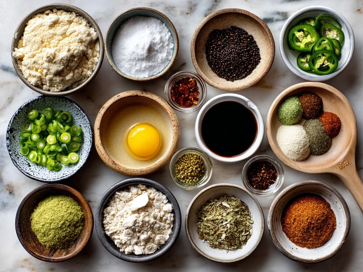 Ingredients for jalapeno corn nuggets on marble surface
