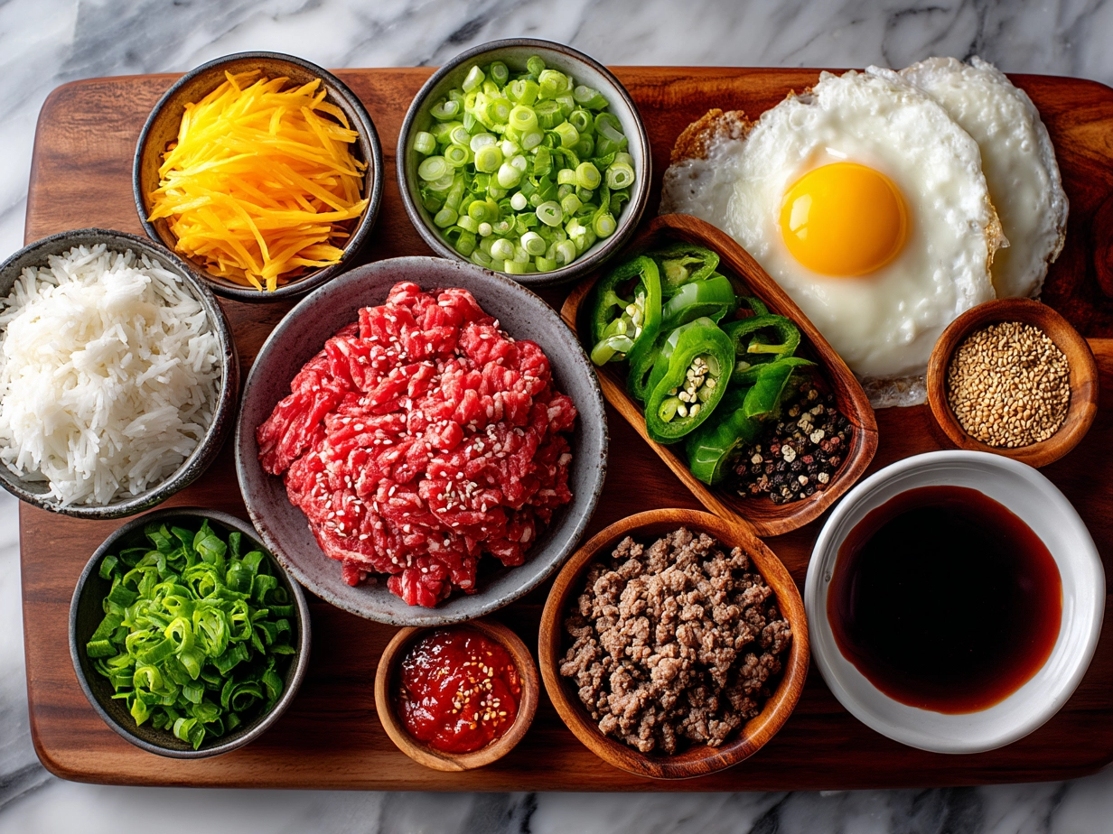 Top down view of raw ingredients for Korean Ground Beef including spices, garlic, soy sauce, and ground beef