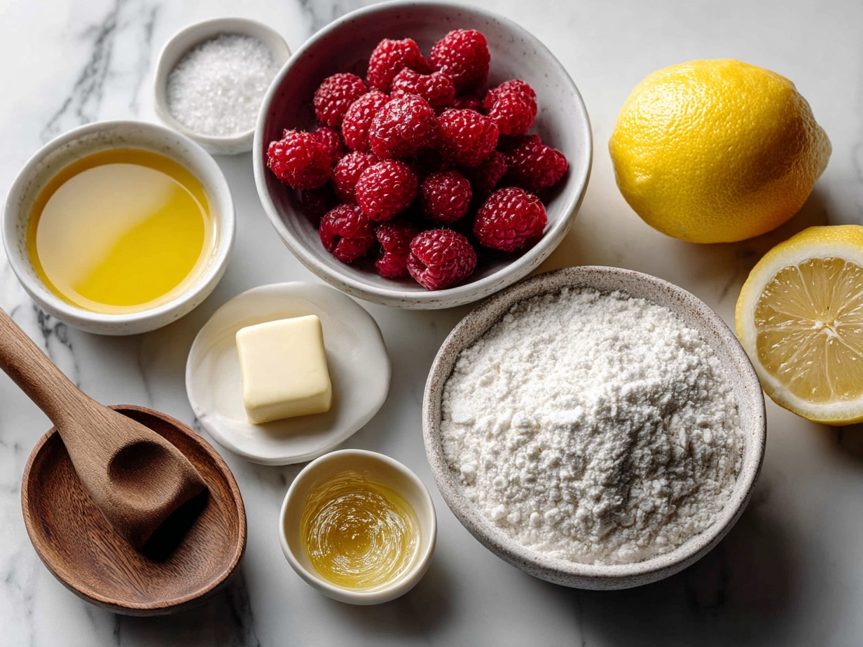 Top-down raw ingredients for lemon and sweet raspberry bars on marble