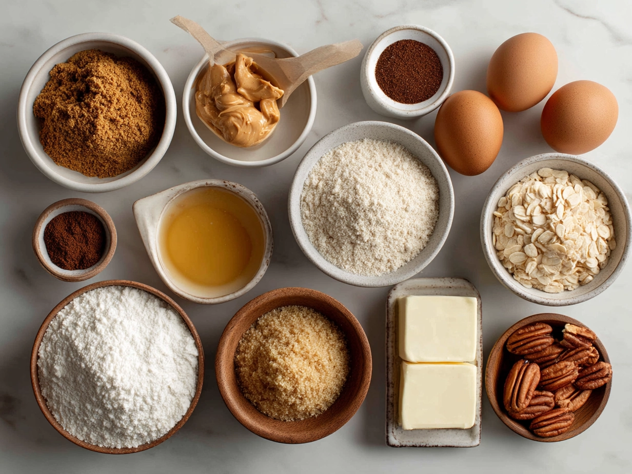 Top-down raw ingredients for peanut butter blossoms on marble, modern kitchen organized mise en place