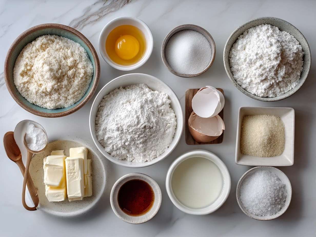 Ingredients for Pineapple Upside Down Sugar Cookies laid out on marble surface