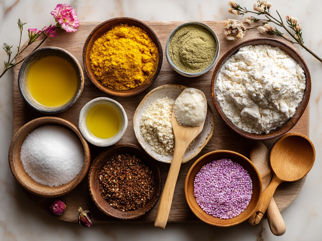 Top down view of raw ingredients for Pink Creamy Vegan Pasta on marble surface