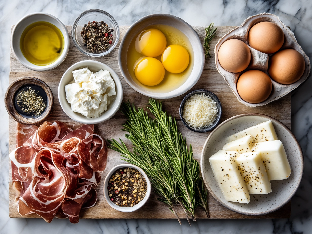 Fresh mozzarella balls, thin prosciutto slices, fresh basil leaves, olive oil and black pepper arranged on marble surface