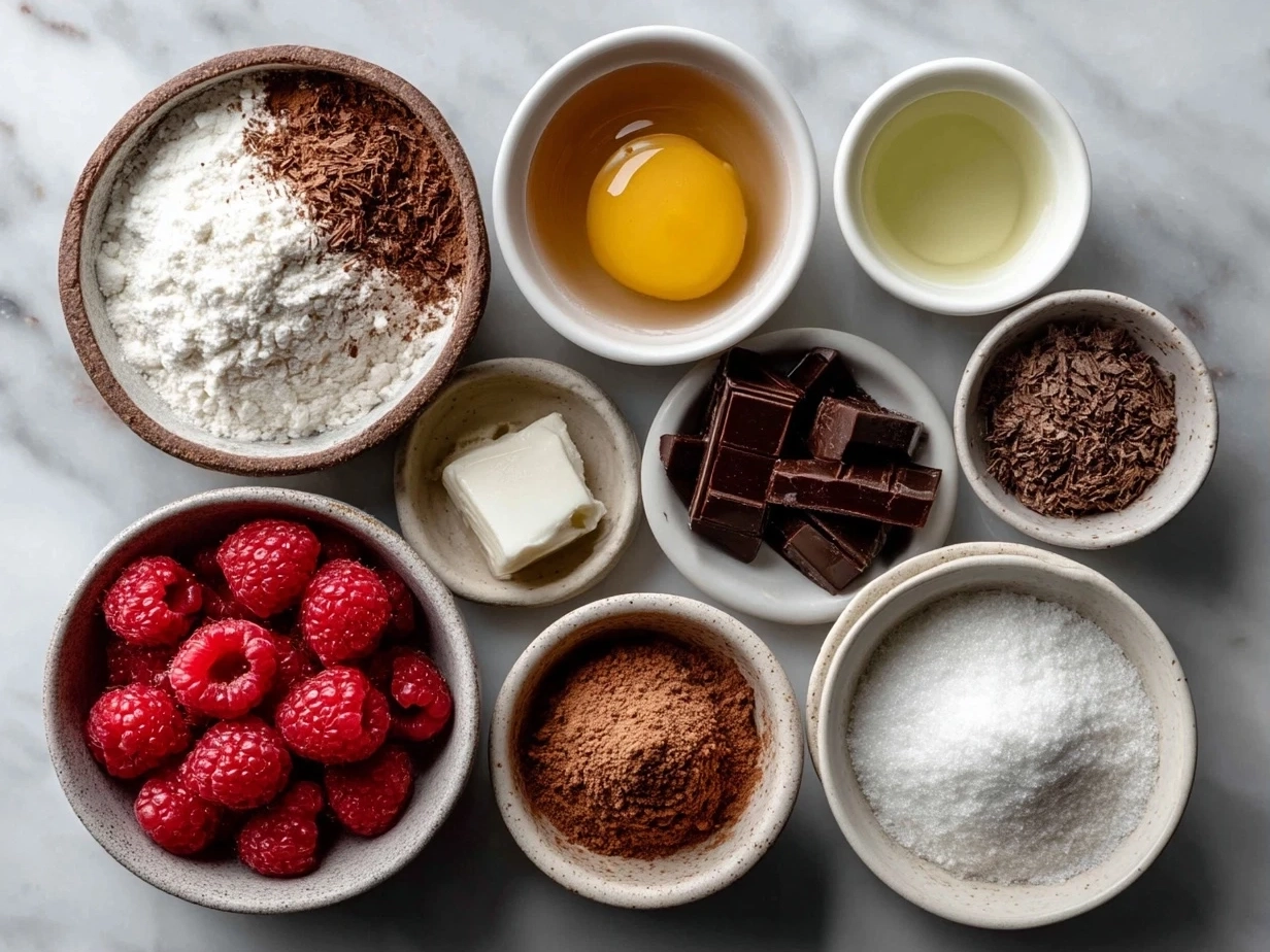 Ingredients for Raspberry Chocolate Lava Cupcakes including dark chocolate, raspberries, cocoa powder, flour, eggs, maple syrup, Greek yogurt, and vanilla