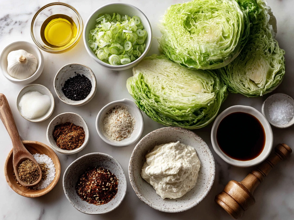 Top-down view of fresh ingredients for Rosenkohl in Frischkse-Senfsauce laid out on marble surface