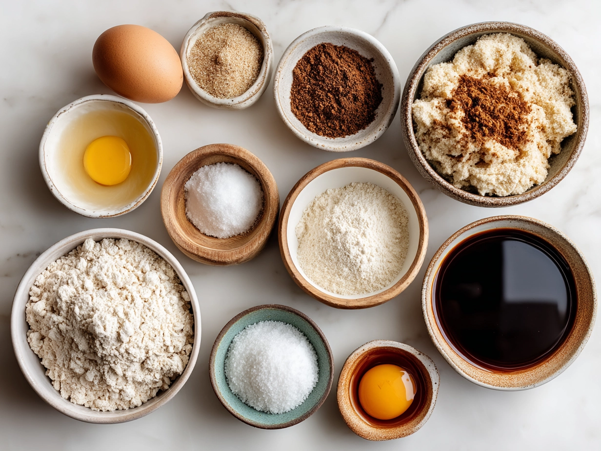 Top-down view of raw ingredients for sourdough discard coffee cake muffins arranged on a table