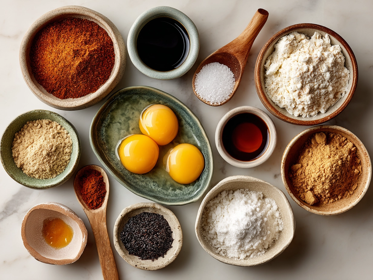 Ingredients for Spicy Gochujang Eggs laid out on a marble surface in a modern kitchen