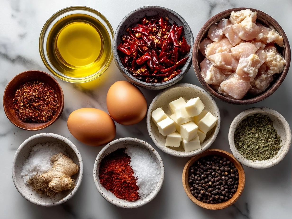 Top down view of raw ingredients for Spicy Portuguese Chilli Chicken including chicken thighs, fresh red chillies, garlic, smoked paprika, lemons, and herbs
